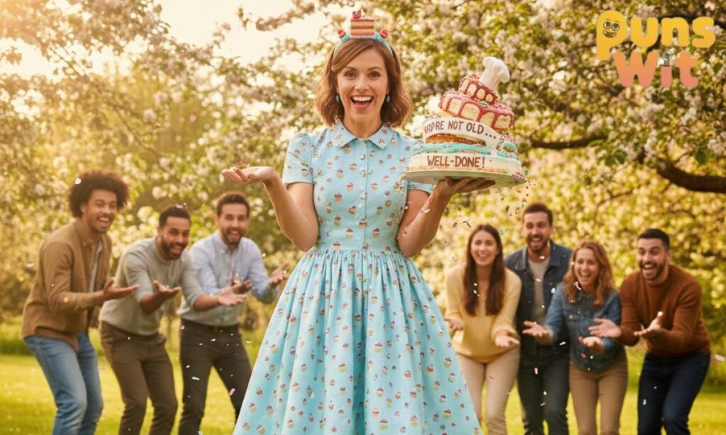 Smiling woman holding a funny birthday cake with age-appropriate messages while friends cheer behind her, showcasing Birthday Cake Puns and age-appropriate humor with Cake Puns And Jokes theme